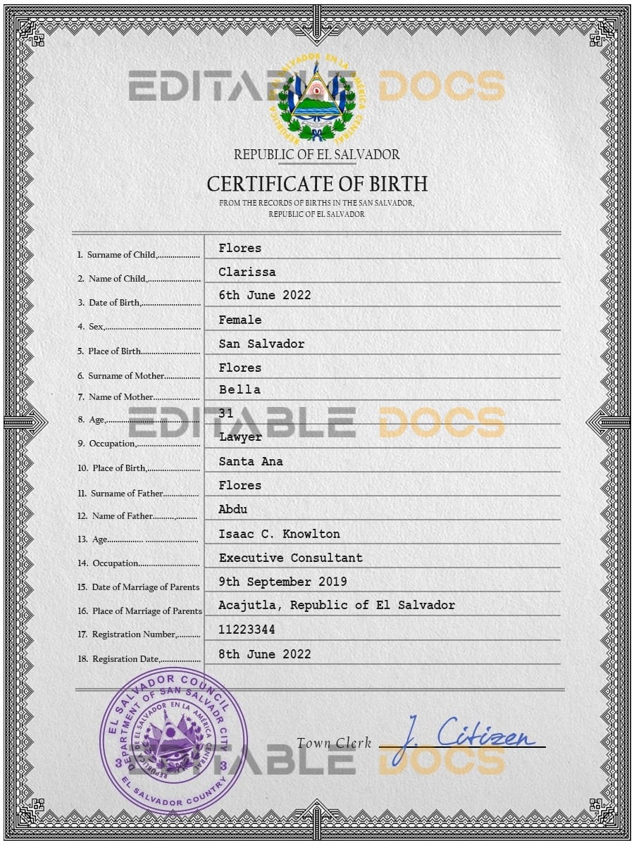 Salvador vital record birth certificate PSD template Salvador vital record birth certificate PSD template