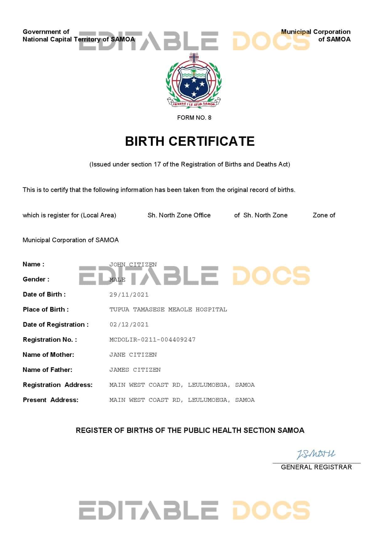 Samoa-birth-certificate.jpg Samoa vital record birth certificate Word and PDF template