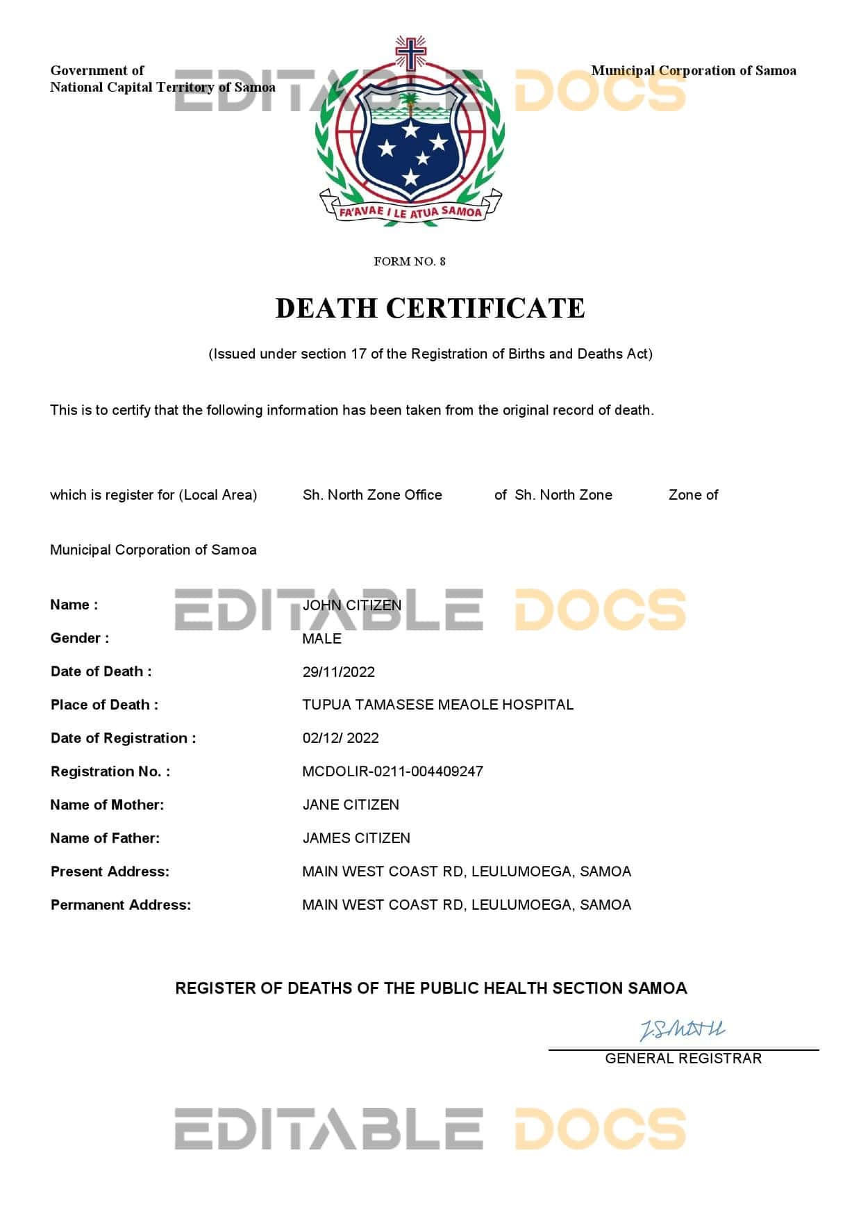 Samoa-death-certificate.jpg Samoa death certificate Word and PDF template