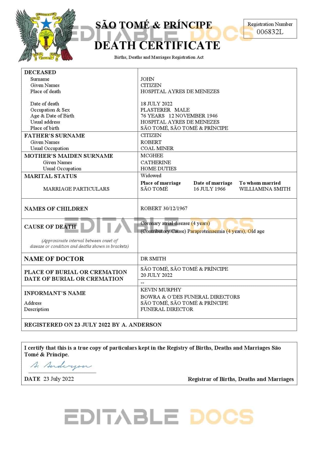 Sao Tome and Principe vital record death certificate Word and PDF template Sao Tome and Principe vital record death certificate Word and PDF template