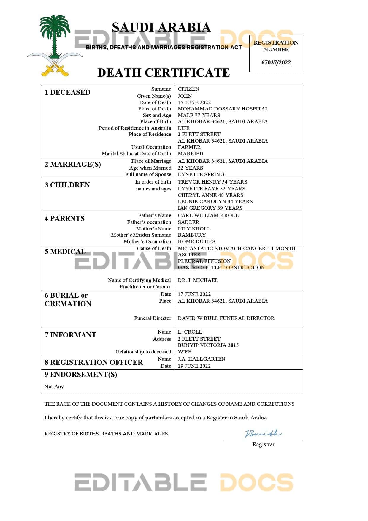 Saudi Arabia death certificate Word and PDF template
