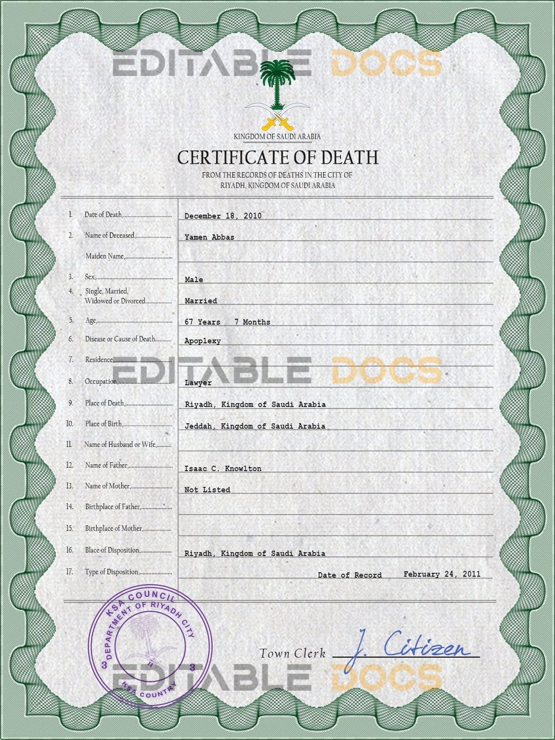 Saudi Arabia death certificate PSD template