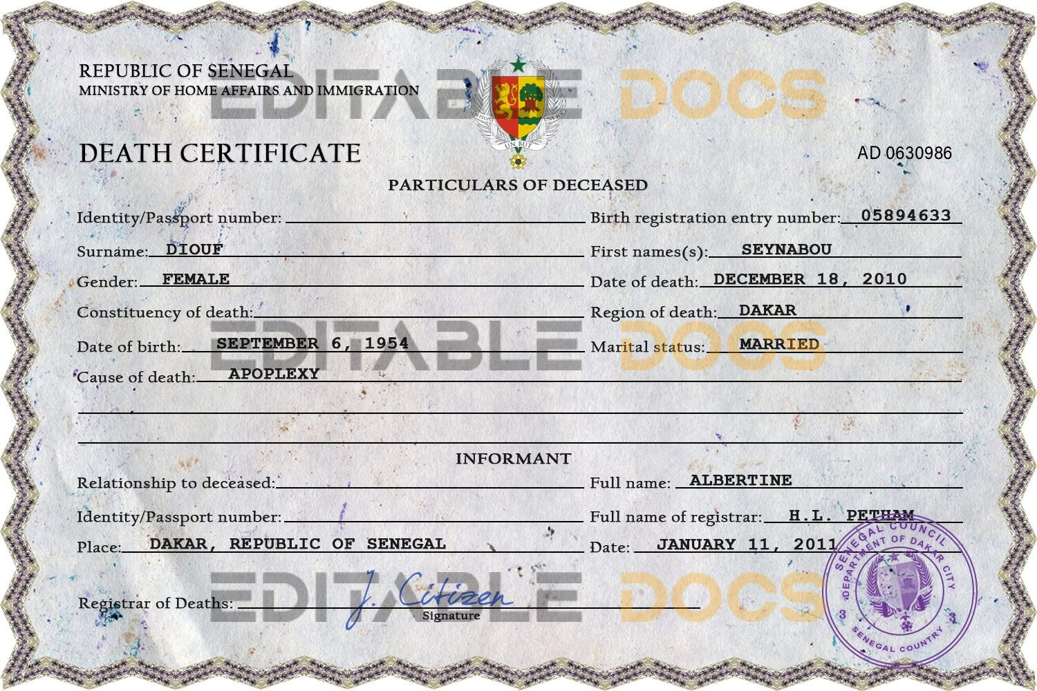 Senegal vital record death certificate PSD template Senegal vital record death certificate PSD template