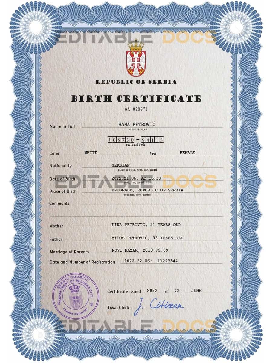 Serbia vital record birth certificate PSD template Authentic Serbia Birth Certificate Template | Customize and Download Online