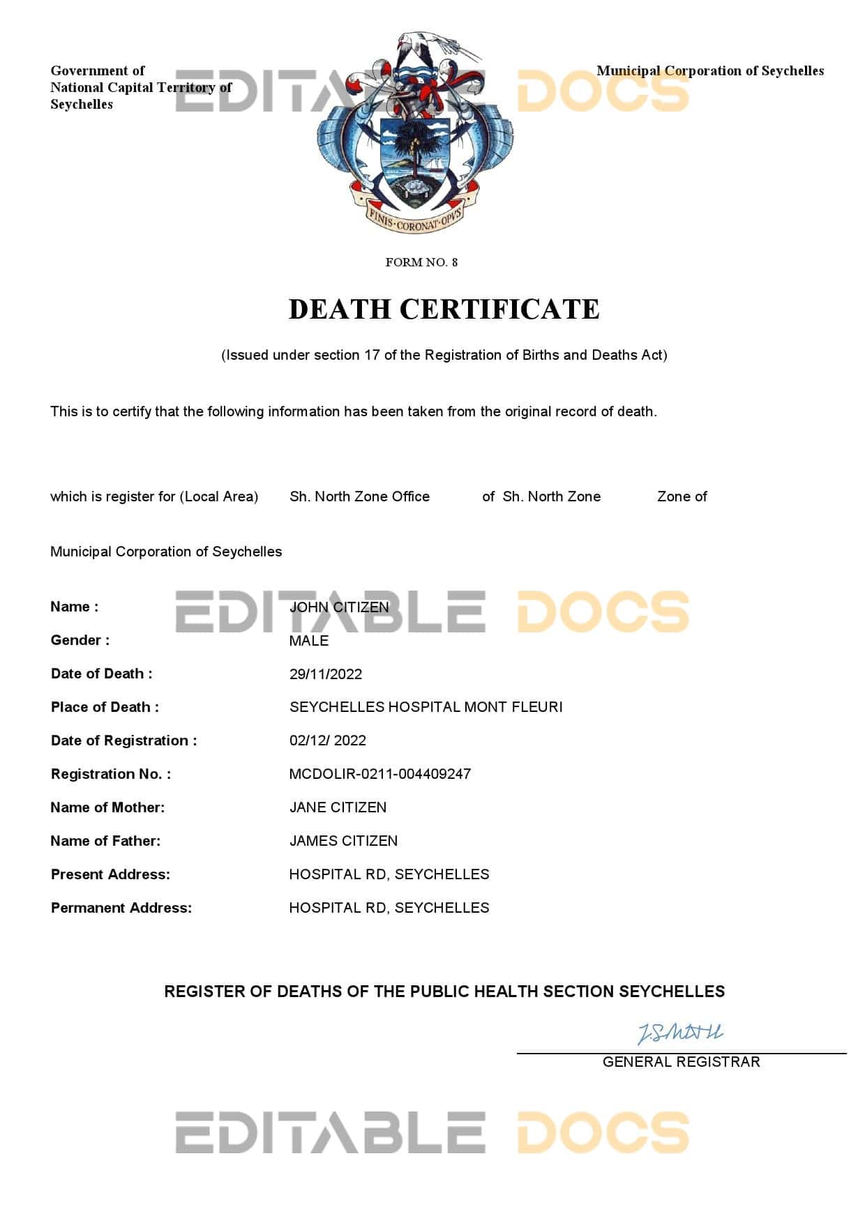 Seychelles vital record death certificate Word and PDF template Seychelles vital record death certificate Word and PDF template
