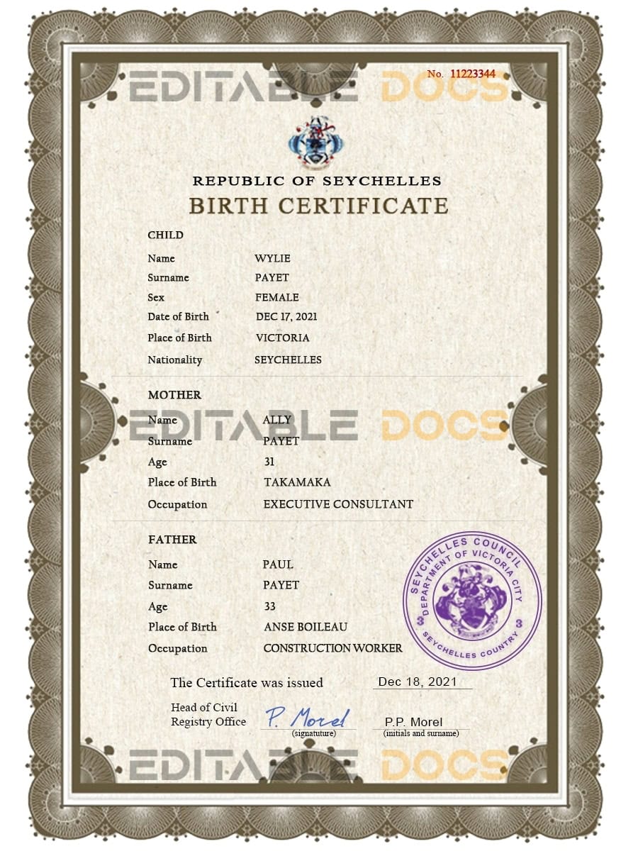 Seychelles vital record birth certificate PSD template Authentic Seychelles Birth Certificate Template | Customize and Download Online