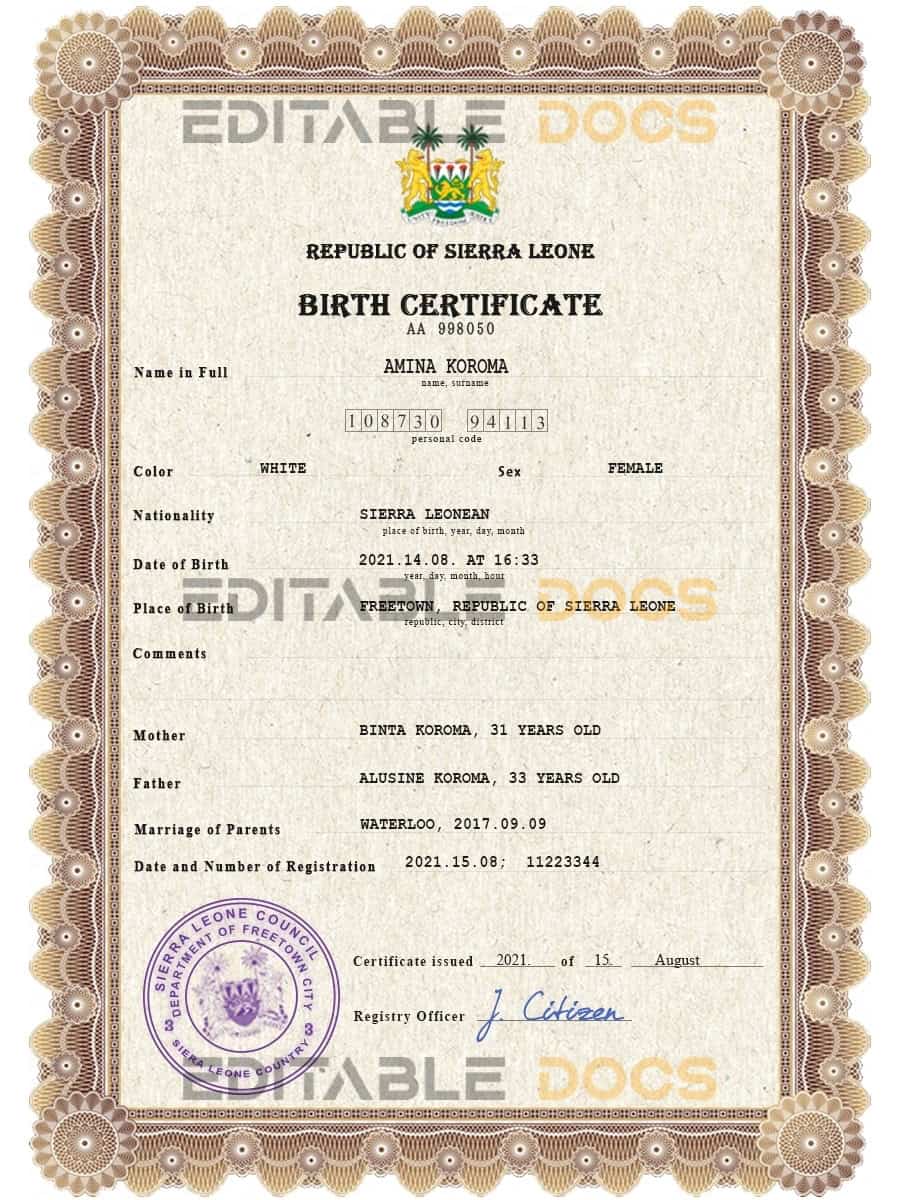Sierra Leone vital record birth certificate PSD template Authentic Sierra Leone Birth Certificate Template | Customize and Download Online