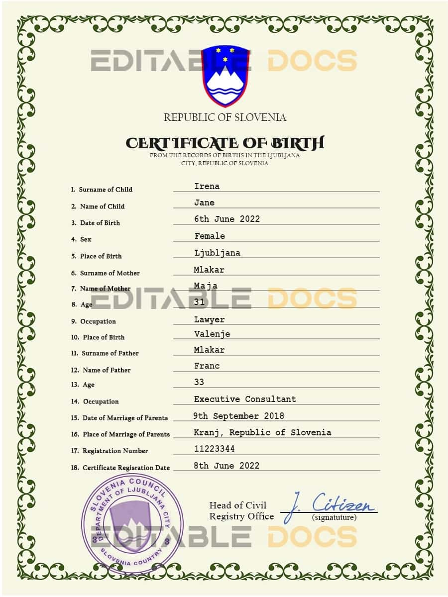 Slovenia birth certificate PSD template Authentic Slovenia Birth Certificate Template | Customize and Download Online