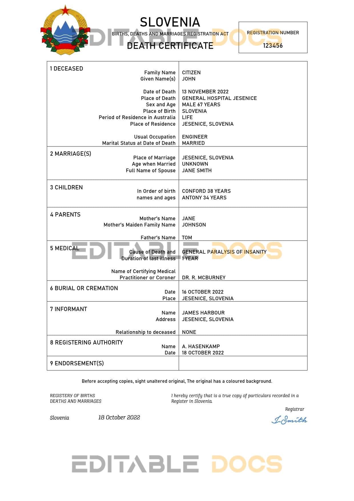 Slovenia vital record death certificate Word and PDF template Slovenia vital record death certificate Word and PDF template