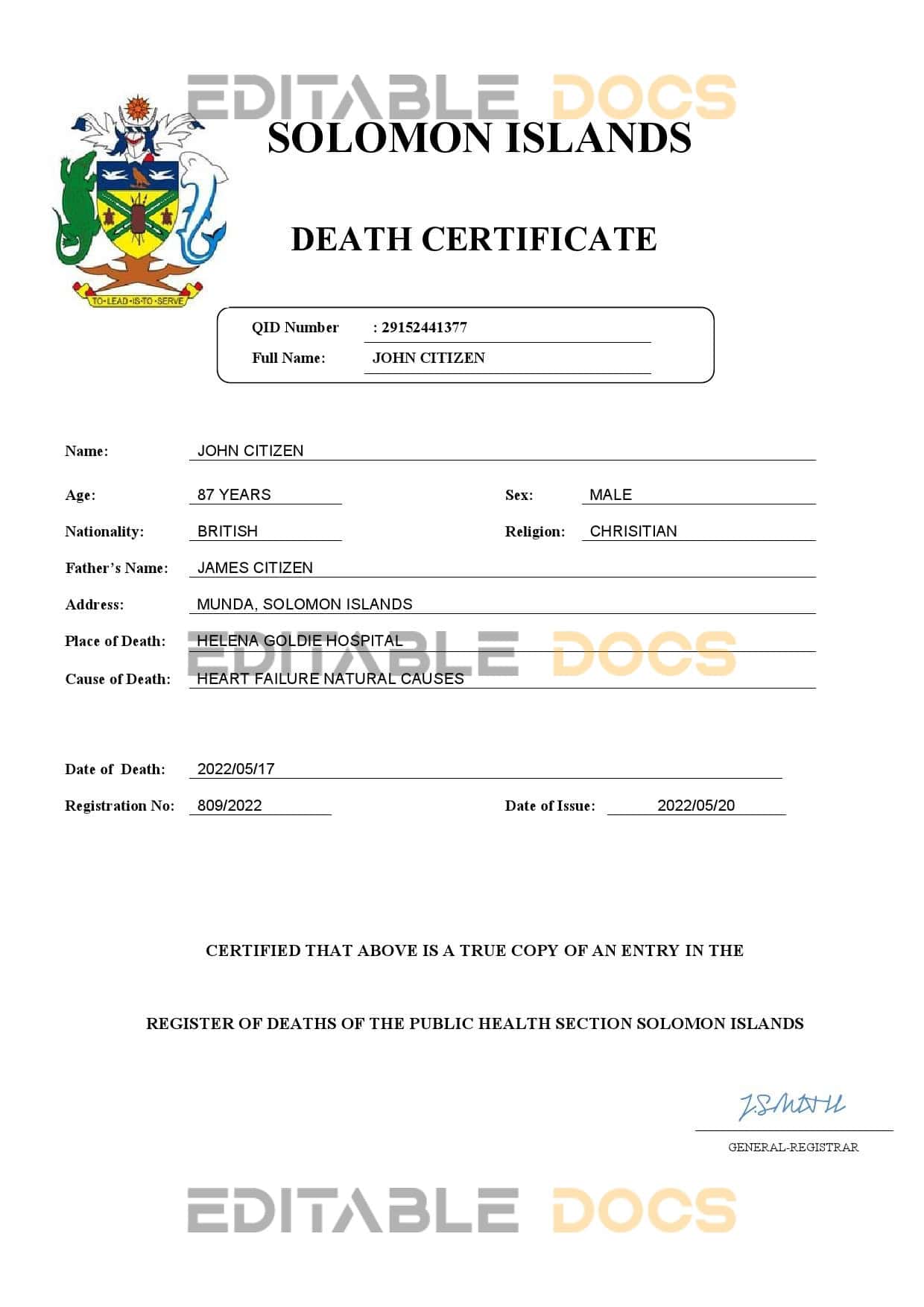 Solomon Islands vital record death certificate Word and PDF template