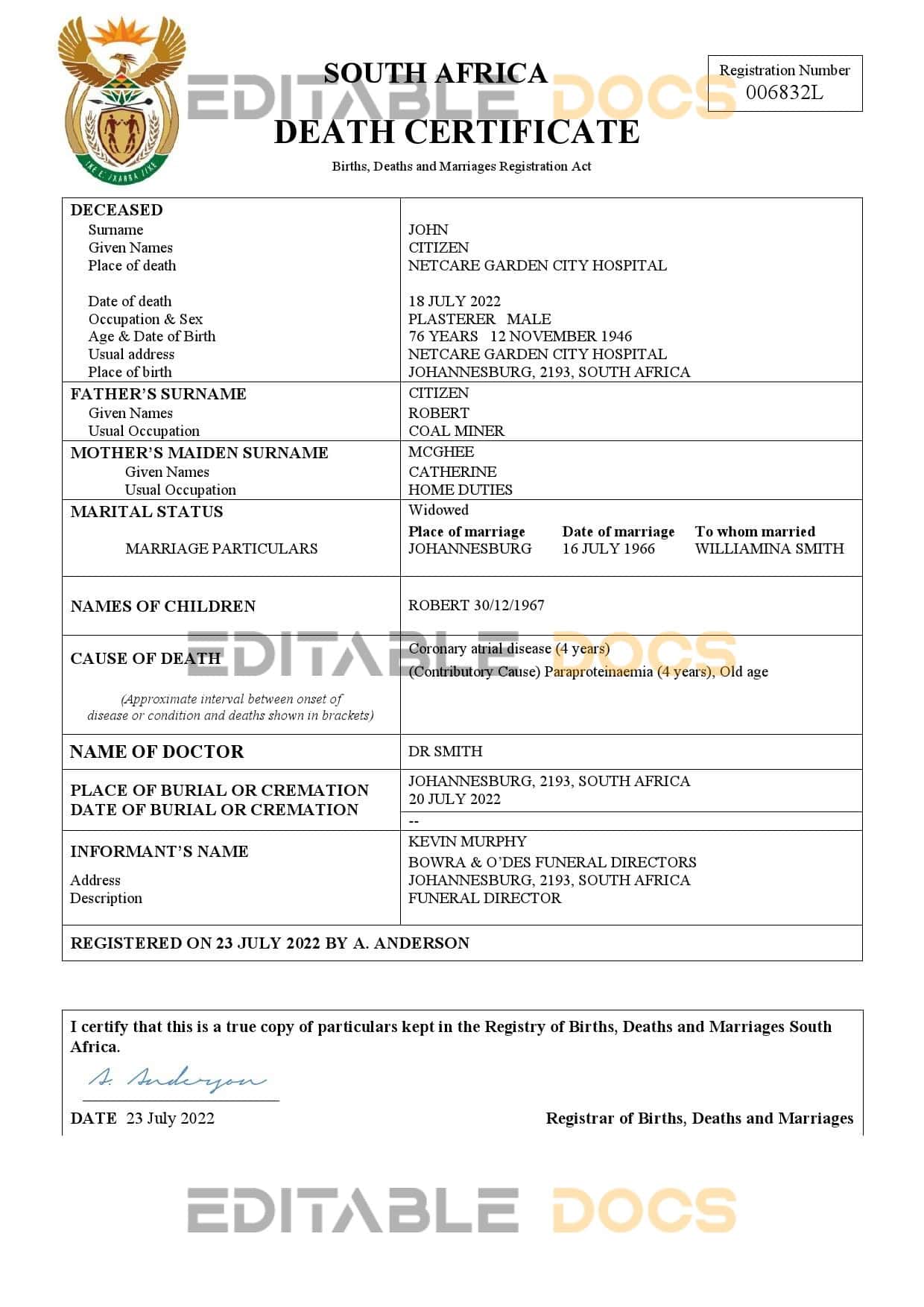 South Africa death certificate Word and PDF template
