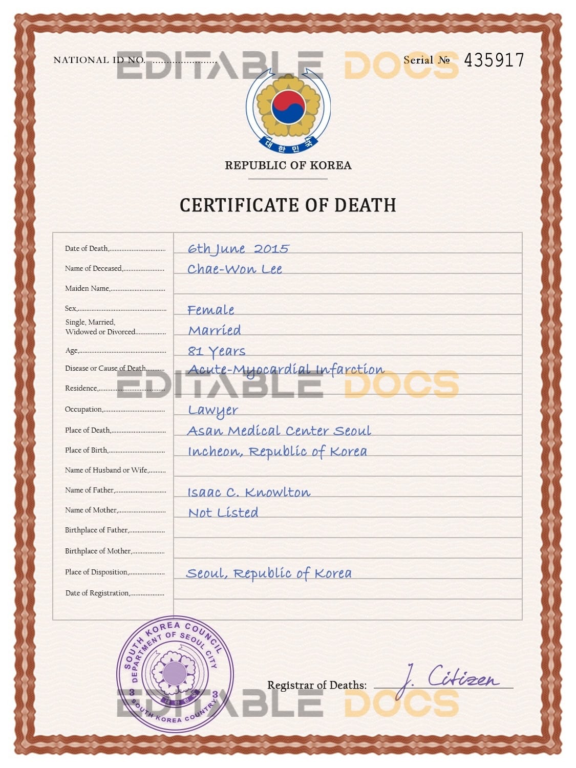 South Korea vital record death certificate PSD template South Korea vital record death certificate PSD template
