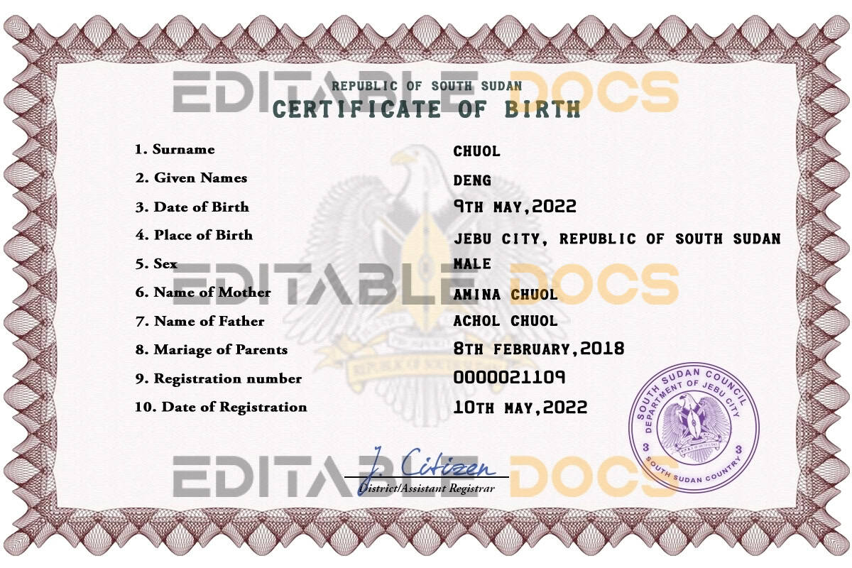 South Sudan birth certificate PSD template Authentic South Sudan Birth Certificate Template | Customize and Download Online