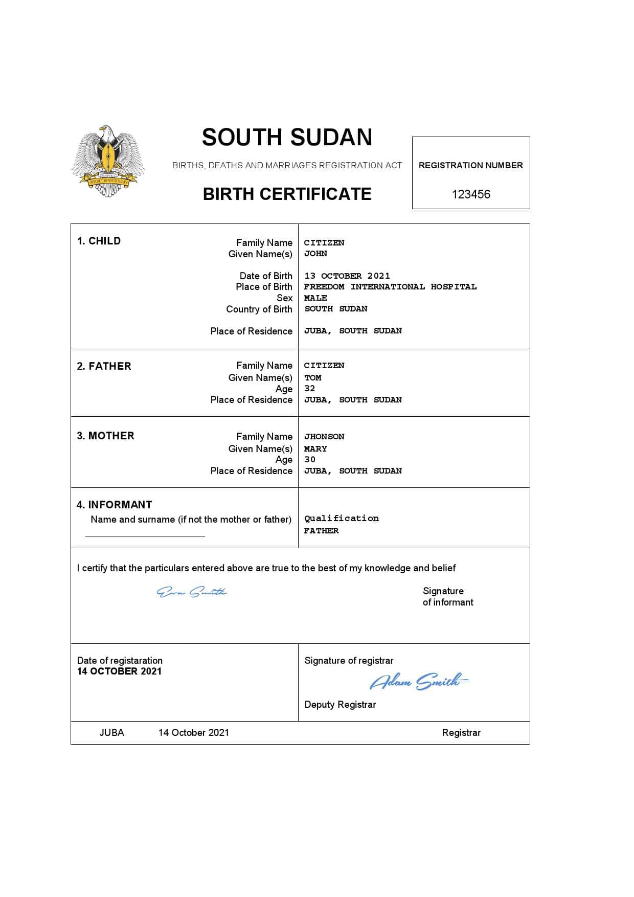 South-Sudan-certificat.jpg South Sudan vital record birth certificate Word and PDF template