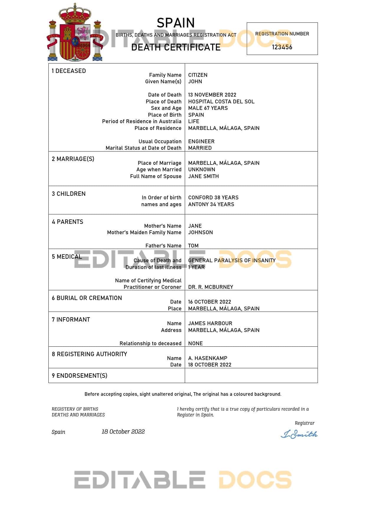 Spain death certificate Word and PDF template