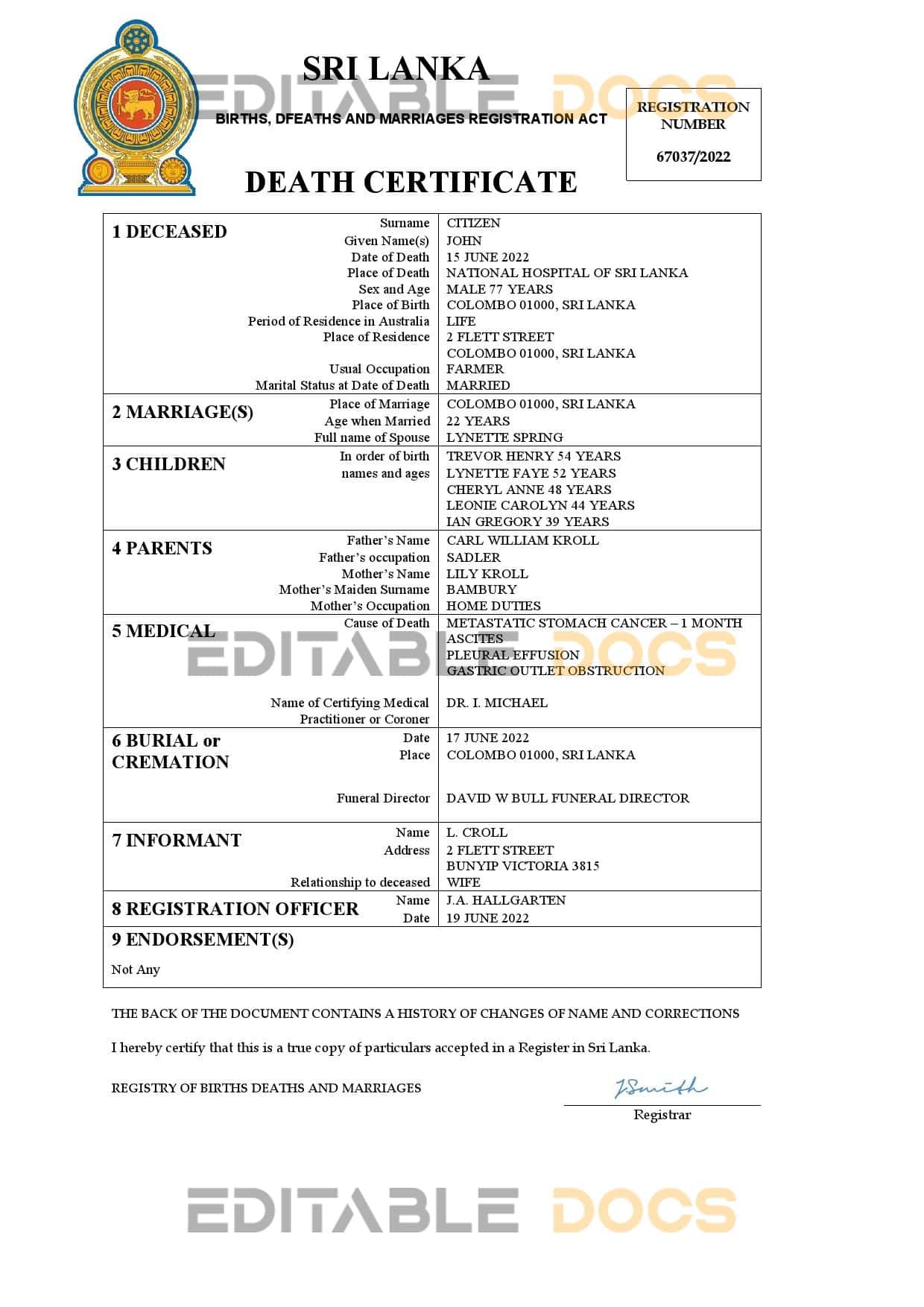 Sri Lanka vital record death certificate Word and PDF template