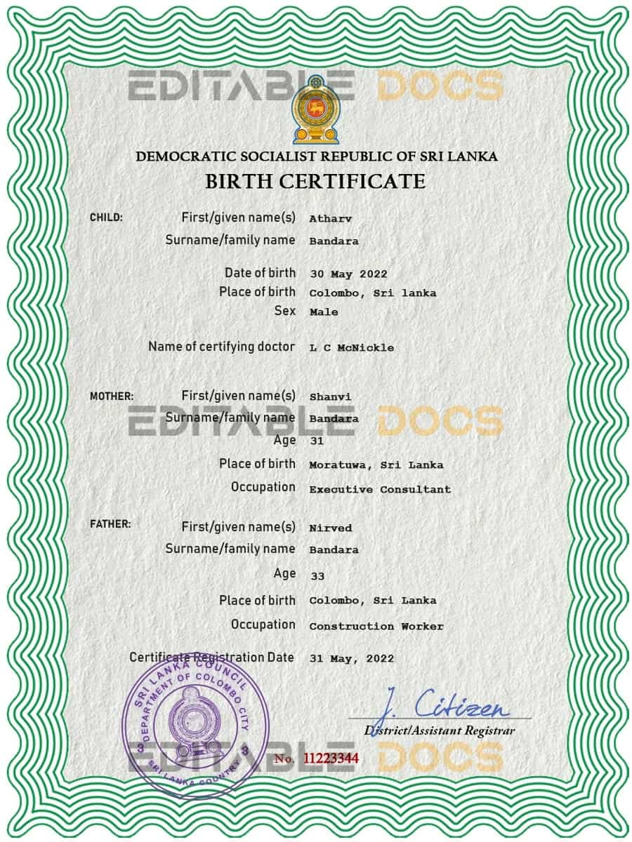 Sri Lanka vital record birth certificate PSD template Sri Lanka vital record birth certificate PSD template