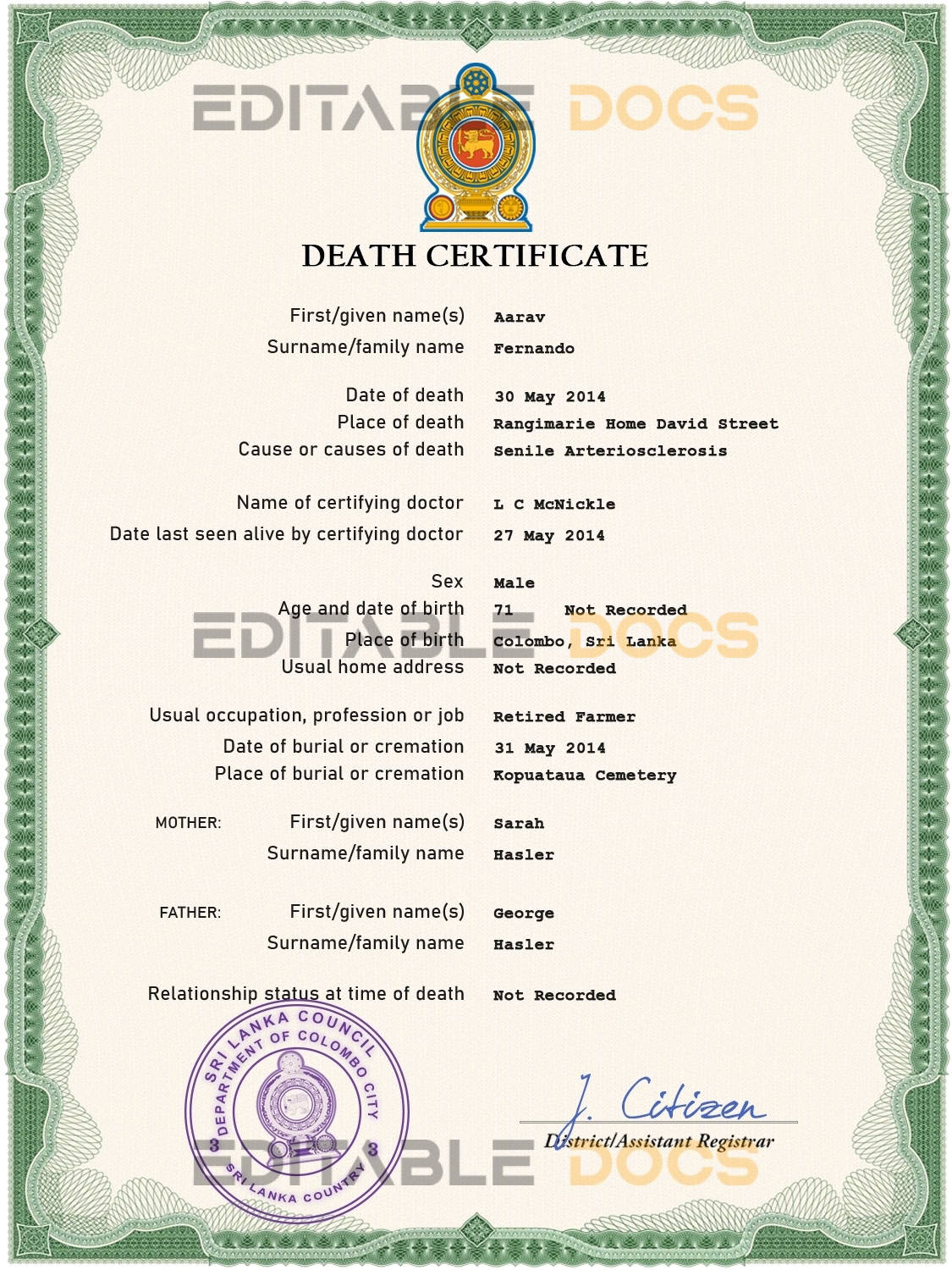 Sri Lanka vital record death certificate PSD template