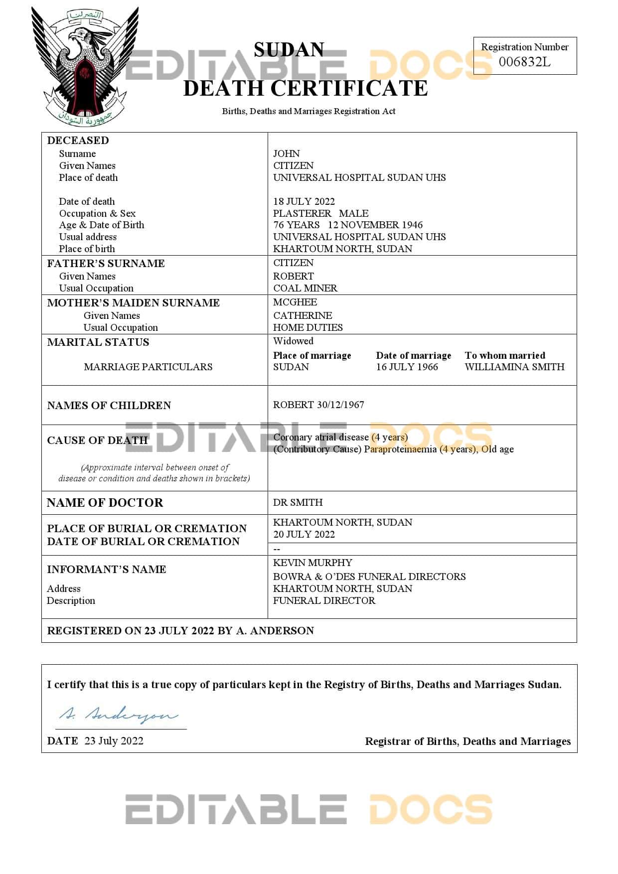 Sudan vital record death certificate Word and PDF template