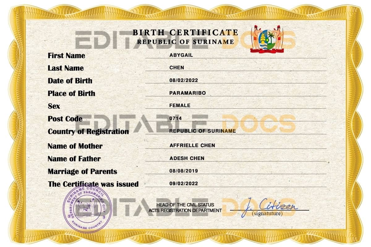Suriname birth certificate PSD template Authentic Suriname Birth Certificate Template | Customize and Download Online