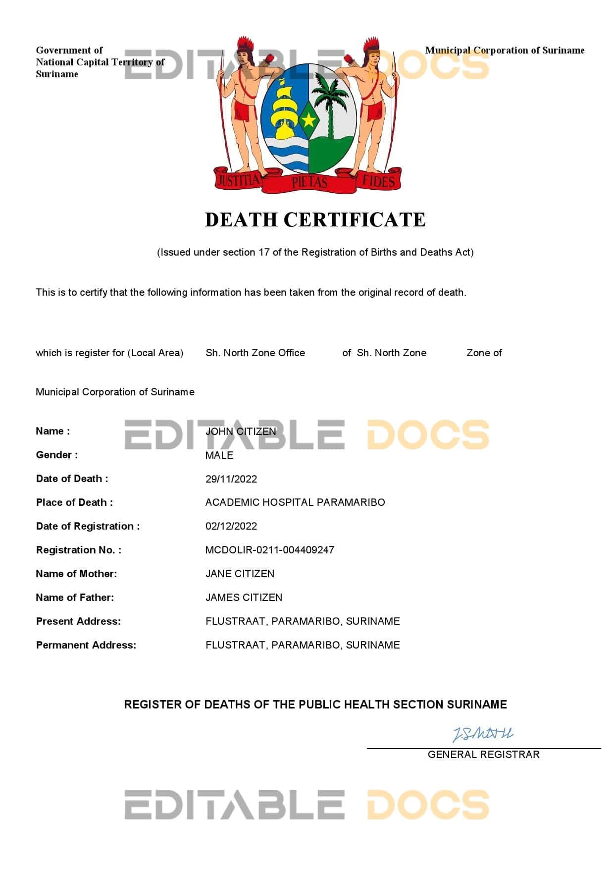 Suriname death certificate Word and PDF template