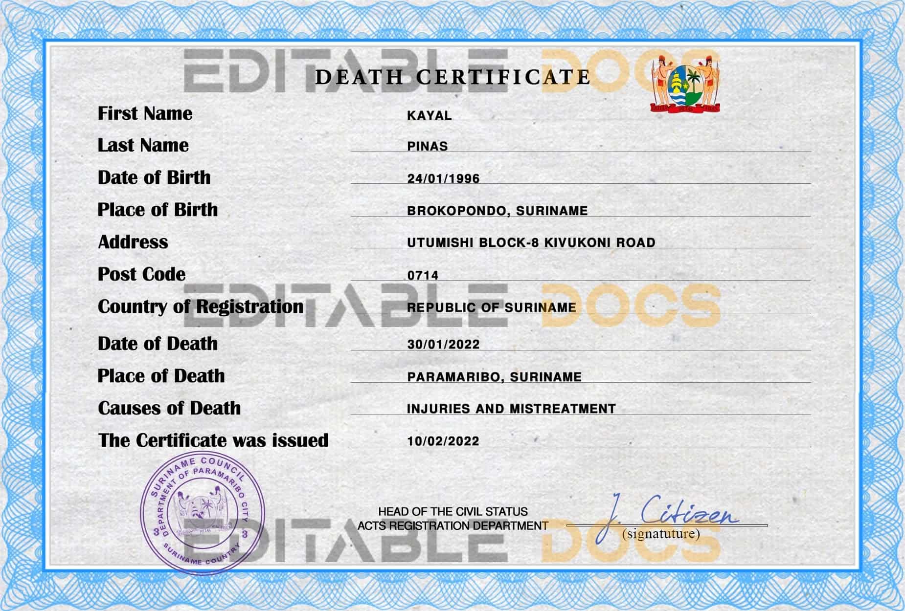 Suriname vital record death certificate PSD template