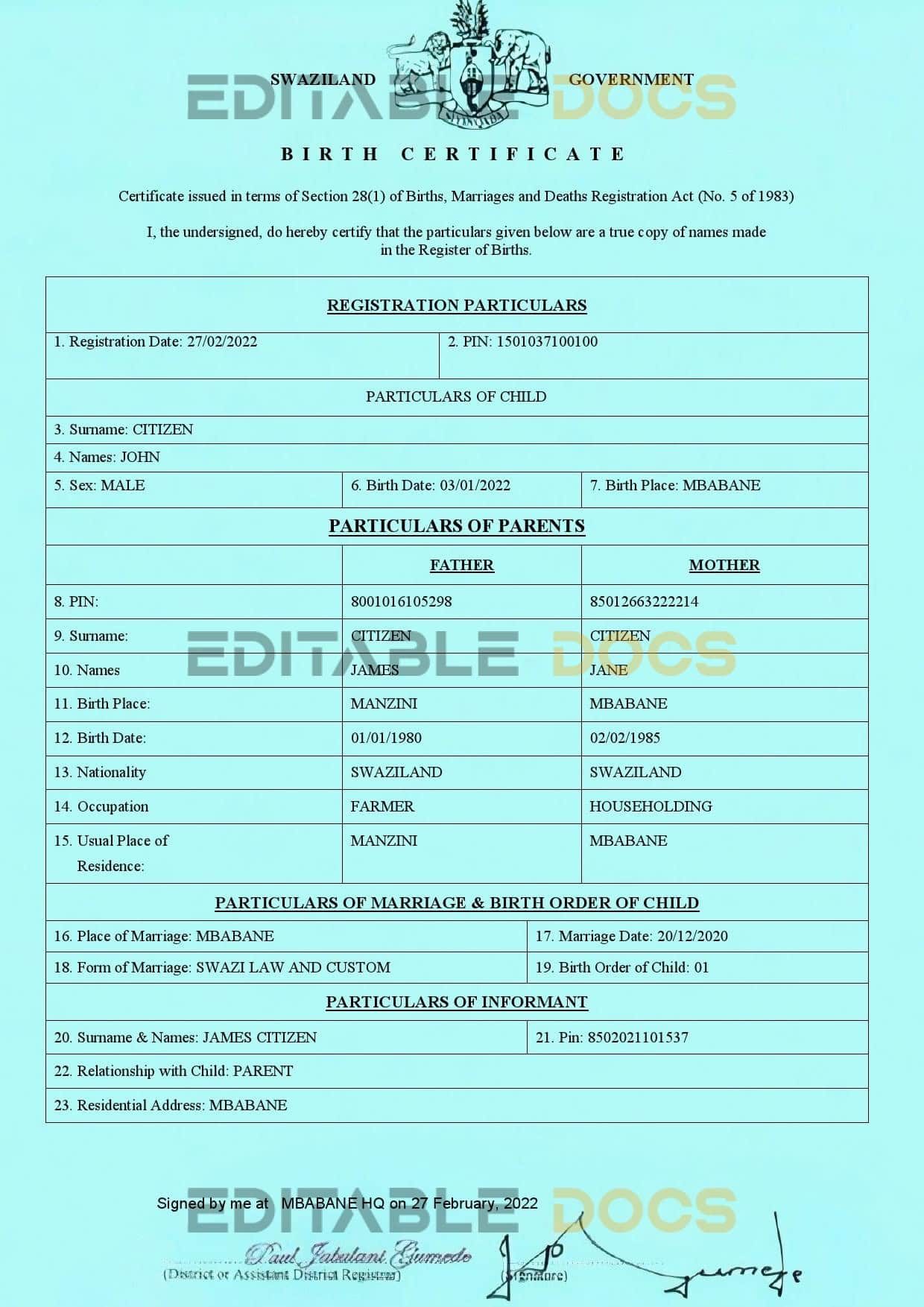 Swaziland birth certificate template in Word and PDF format Swaziland birth certificate template in Word and PDF format