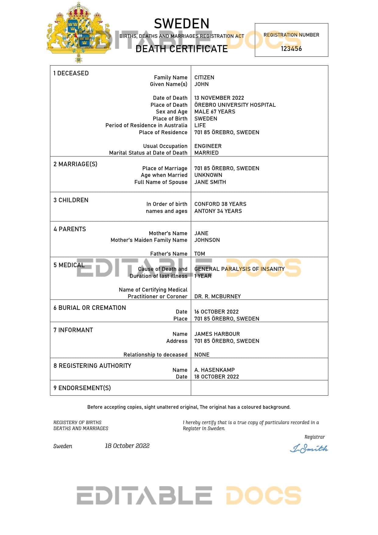 Sweden vital record death certificate Word and PDF template