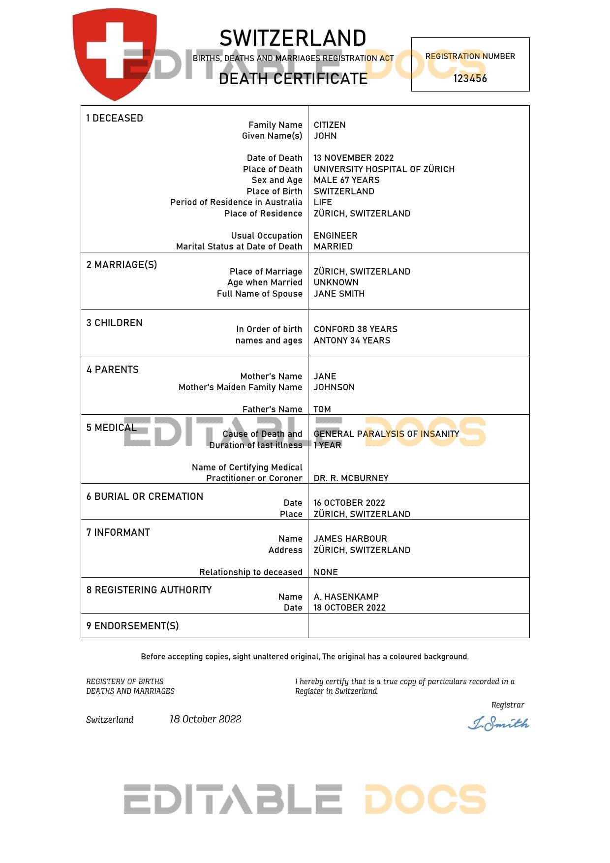 Switzerland vital record death certificate Word and PDF template