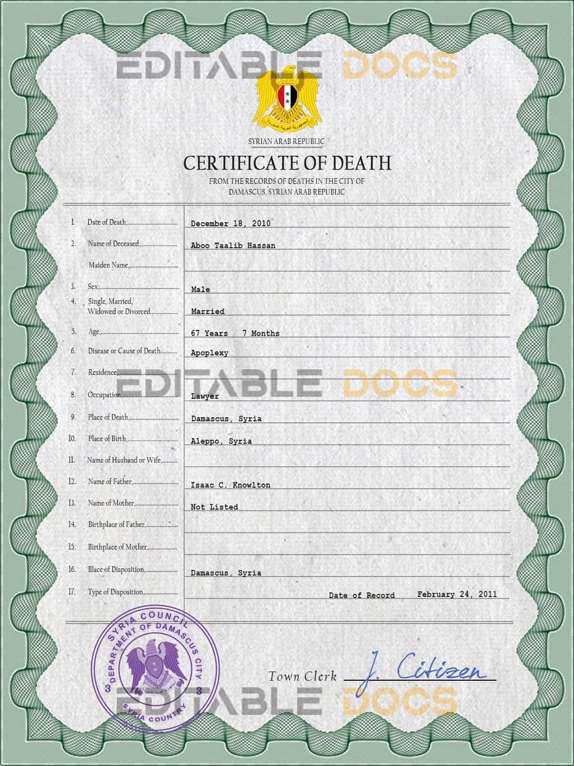 Syria vital record death certificate PSD template