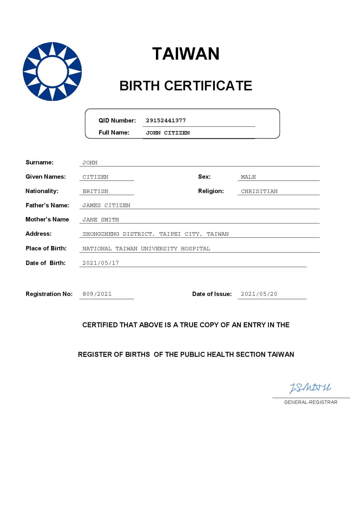 Taiwan-birth-certificate.jpg Taiwan vital record birth certificate Word and PDF template