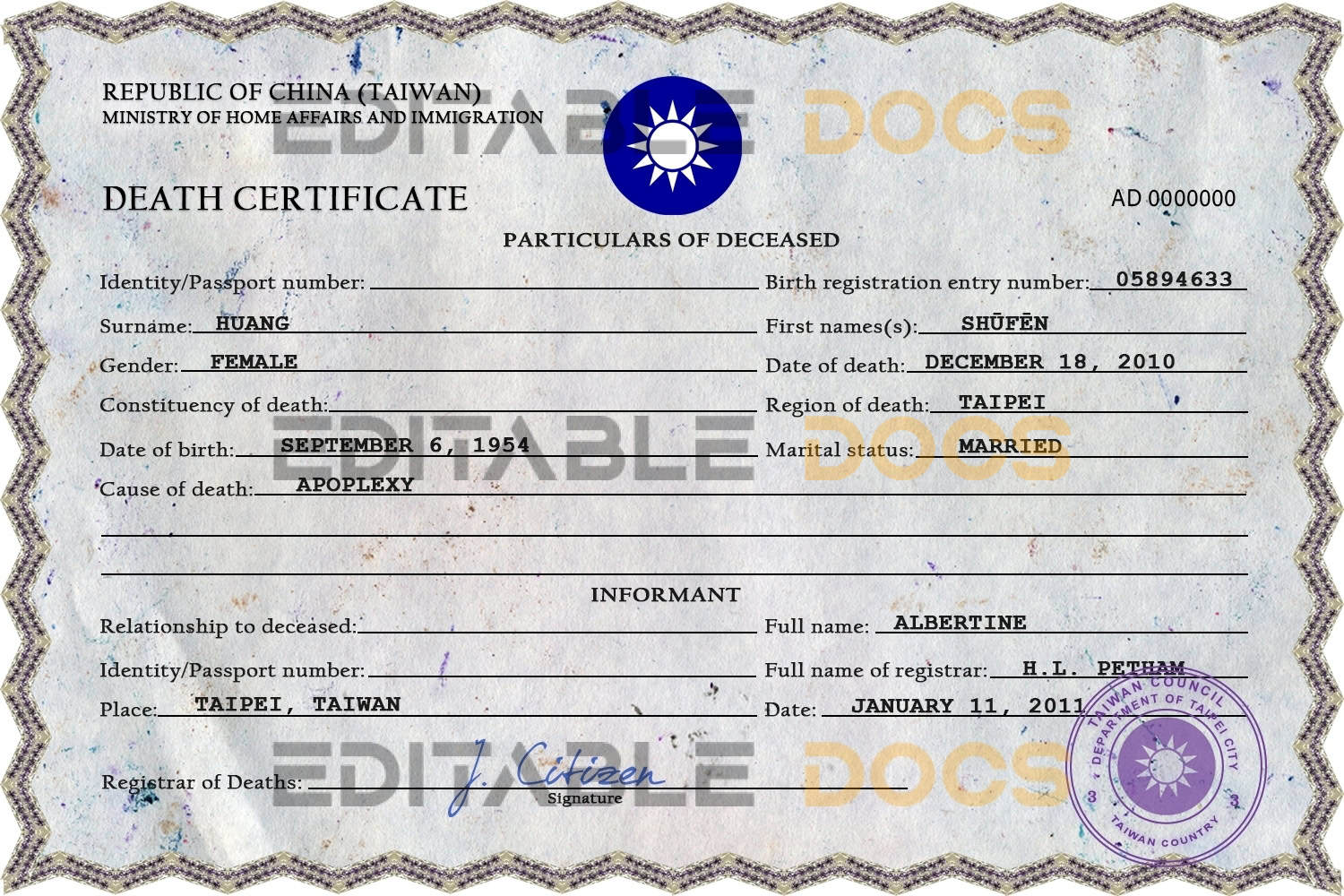 Taiwan death certificate PSD template