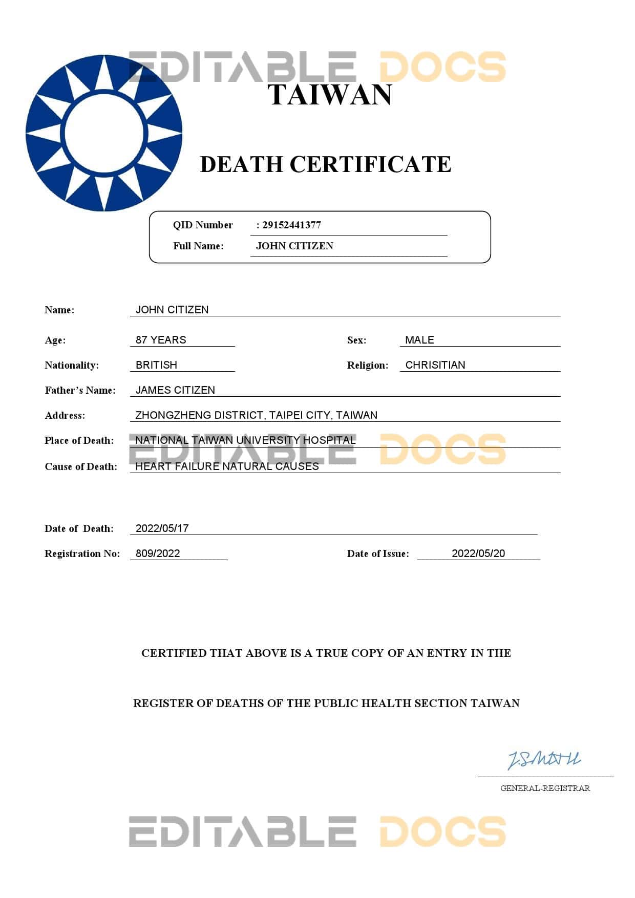 Taiwan death certificate Word and PDF template