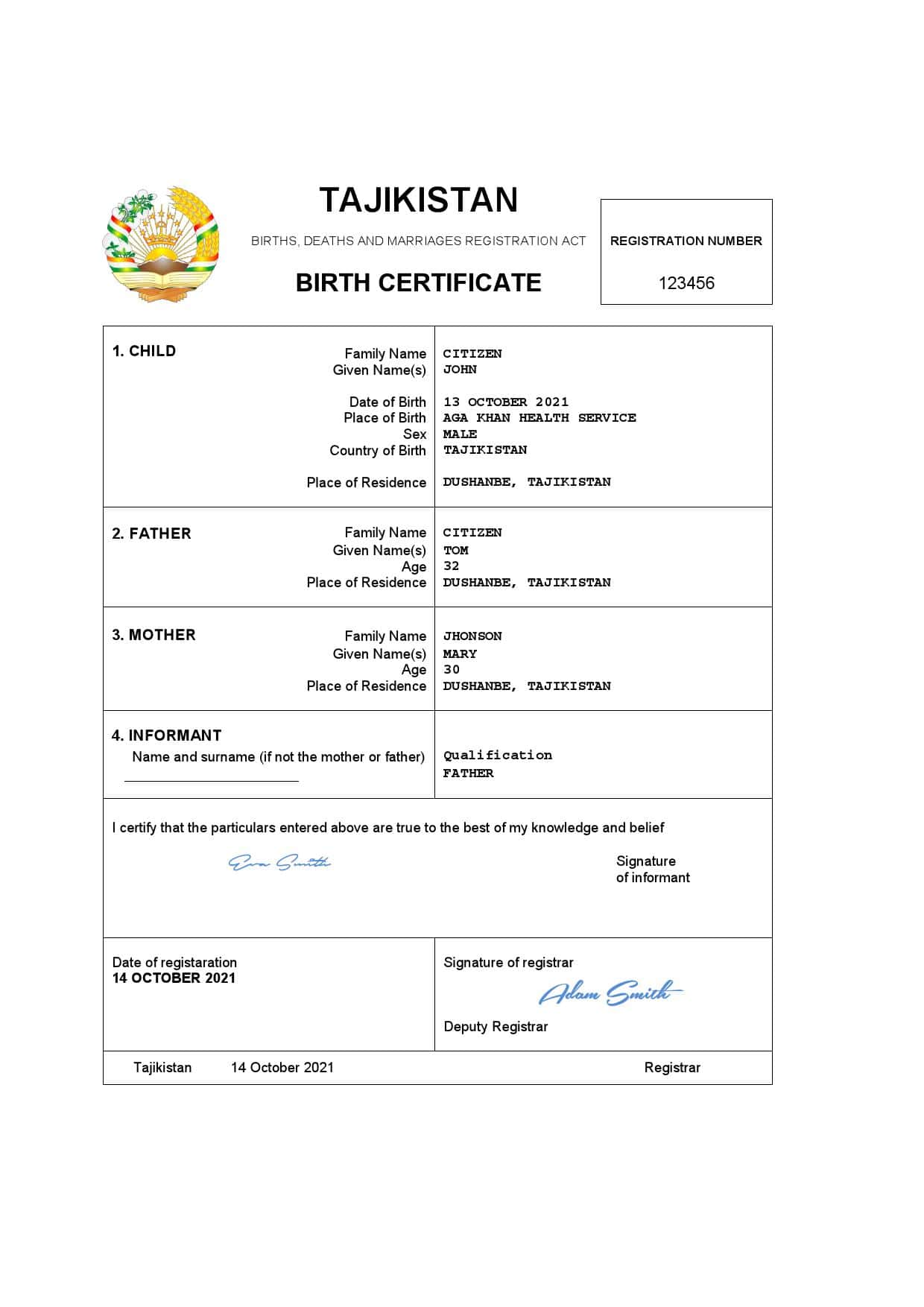 Tajikistan-certificate.jpg Tajikistan vital record birth certificate Word and PDF template