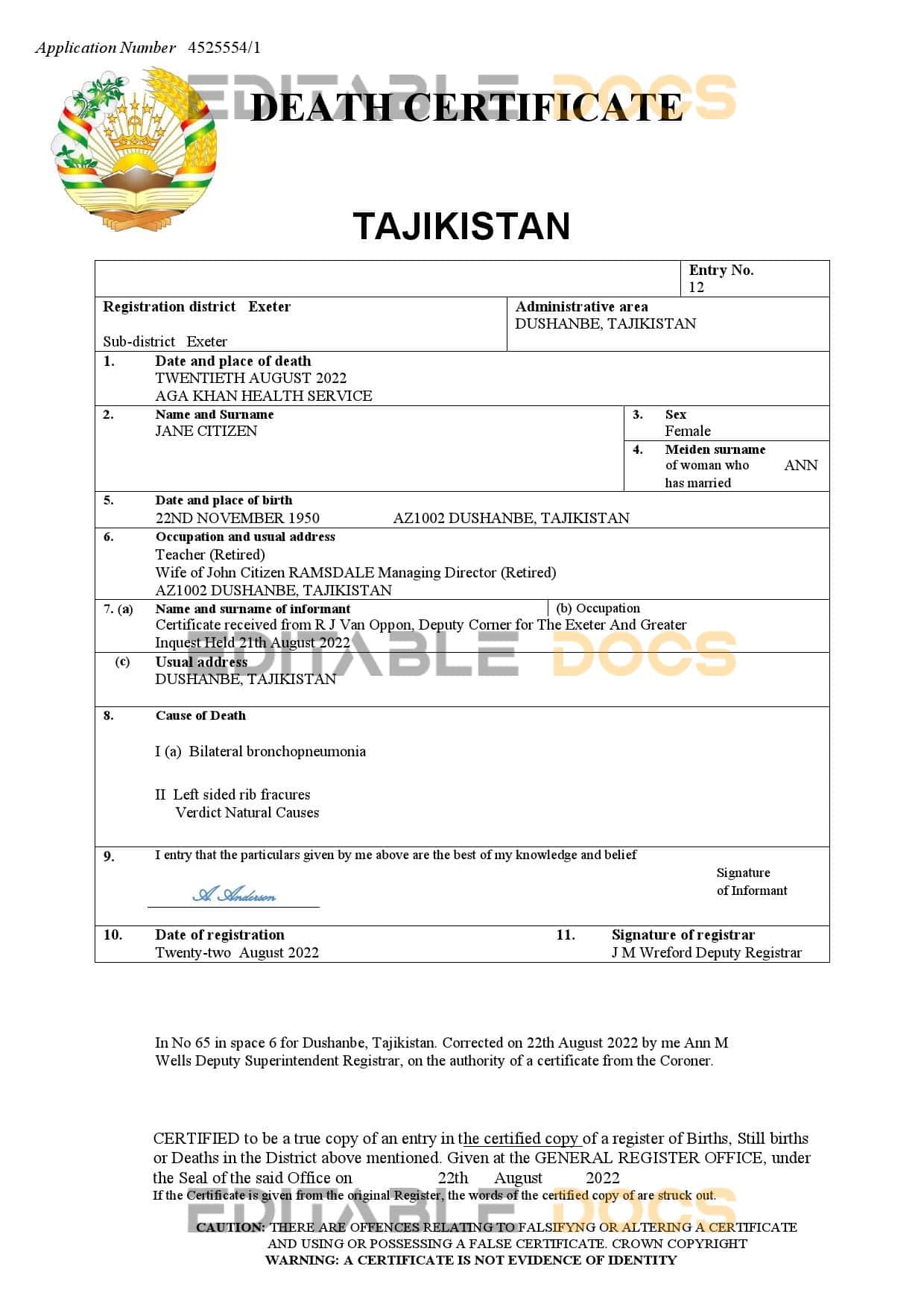 Tajikistan vital record death certificate Word and PDF template