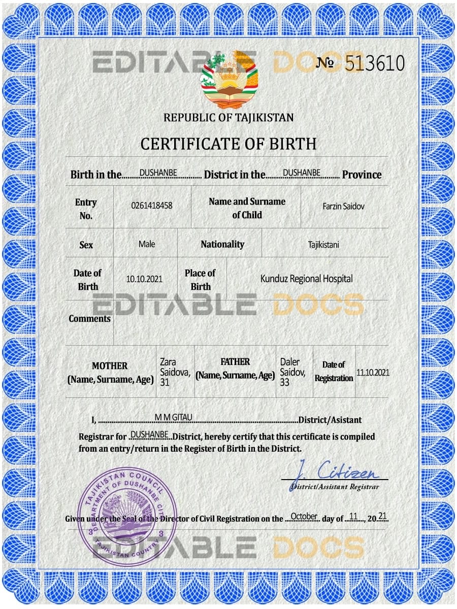 Tajikistan vital record birth certificate PSD template Tajikistan vital record birth certificate PSD template