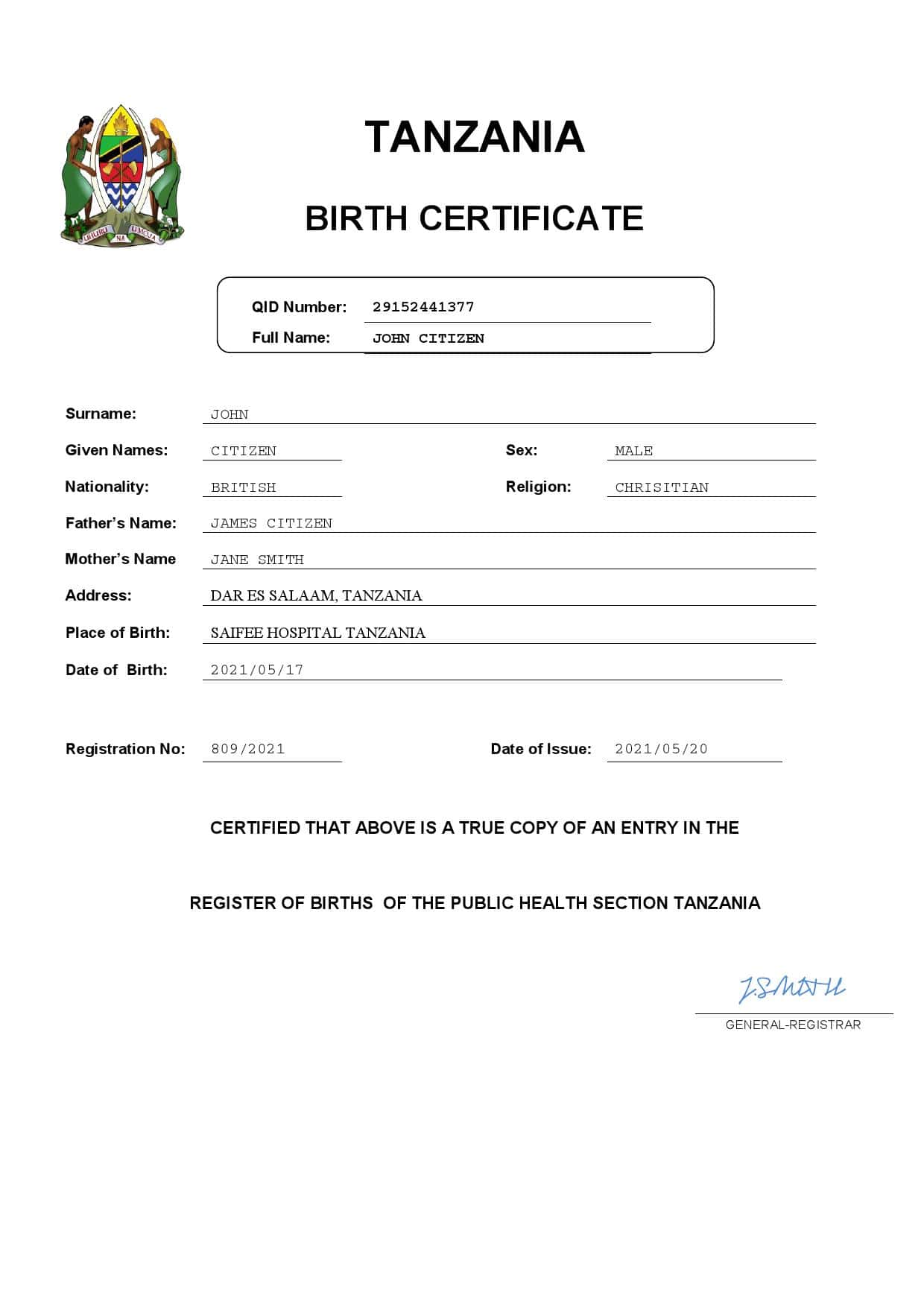 Tanzania-birth-certificate.jpg Tanzania birth certificate Word and PDF template