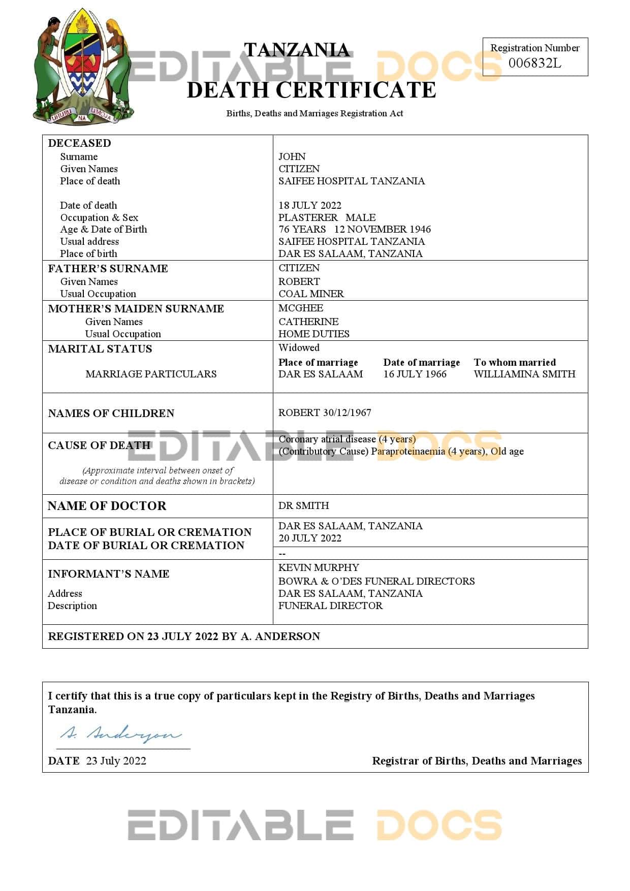 Tanzania vital record death certificate Word and PDF template