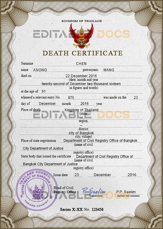 Thailand death certificate PSD template