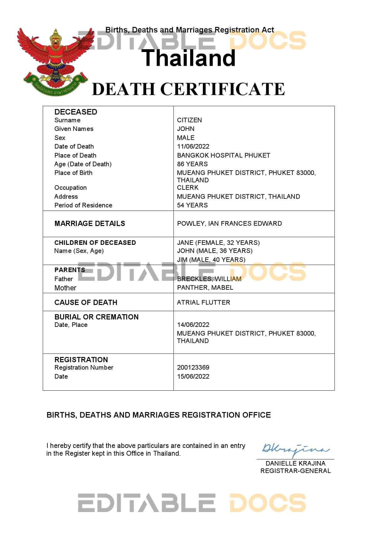 Thailand death certificate Word and PDF template
