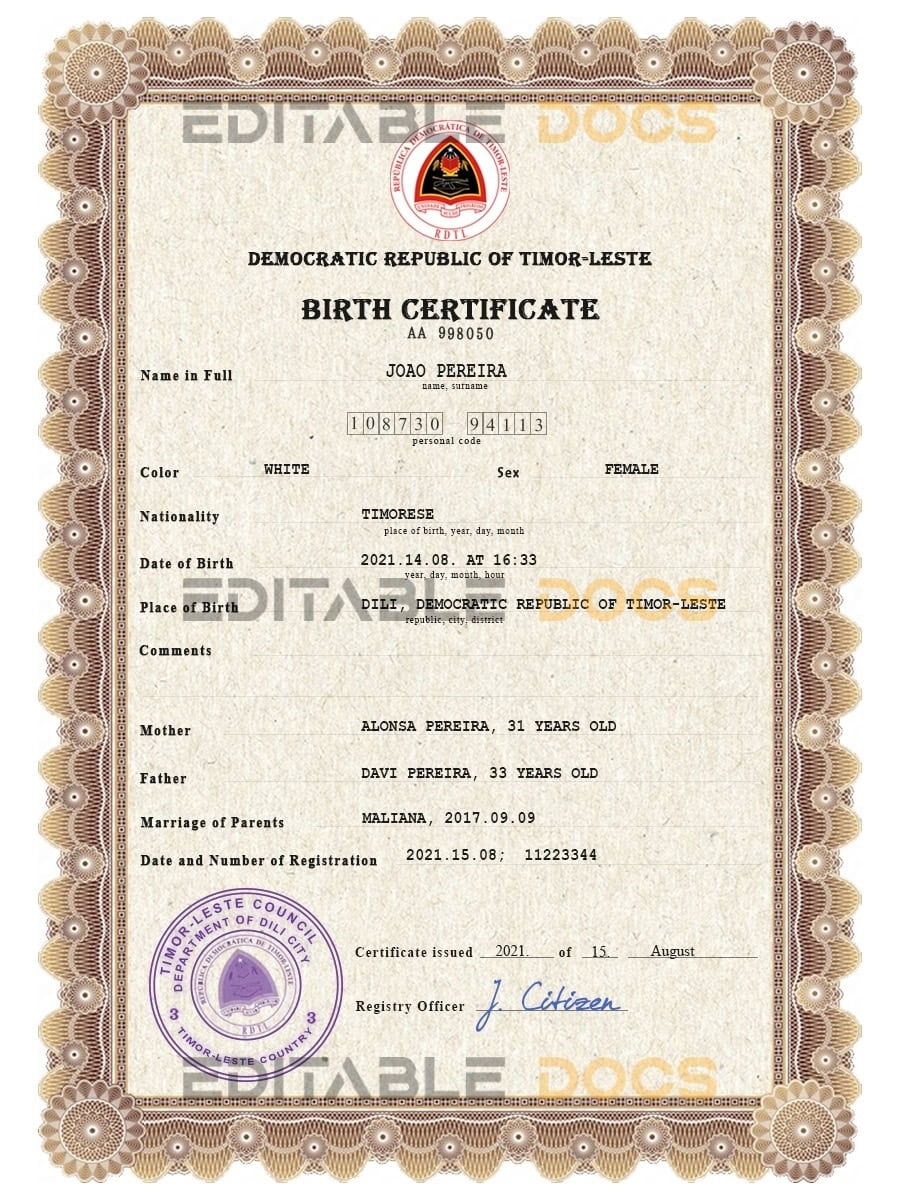 Timor-Leste vital record birth certificate PSD template Timor-Leste vital record birth certificate PSD template