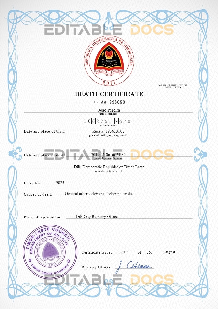 Timor-Leste vital record death certificate PSD template