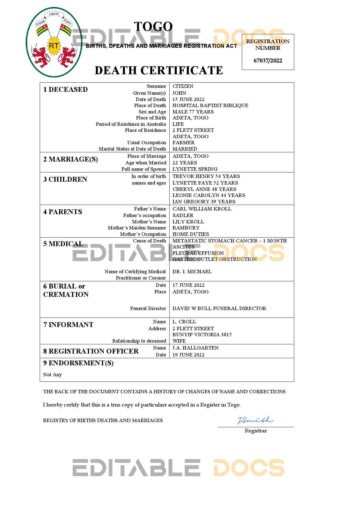 Togo vital record death certificate Word and PDF template