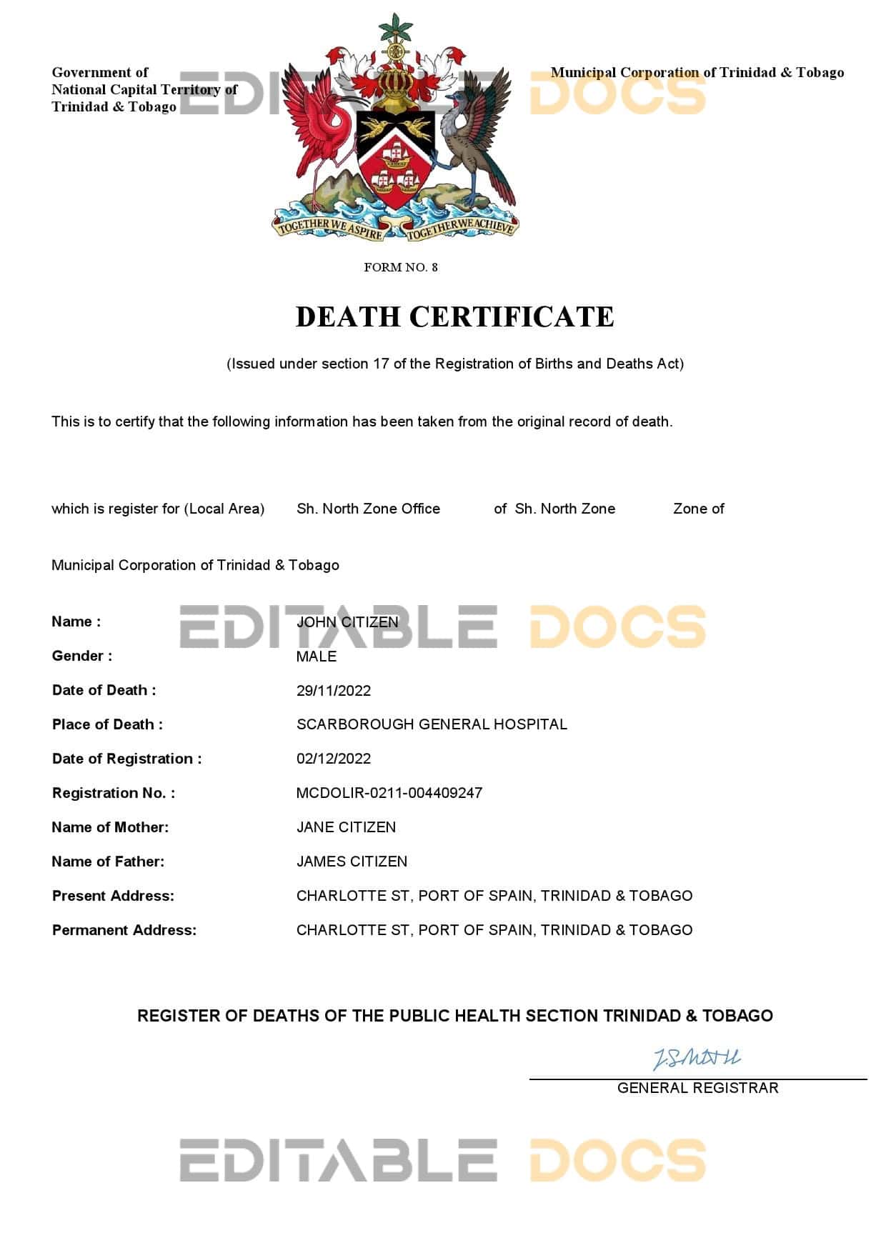 Trinidad and Tobago death certificate Word and PDF template