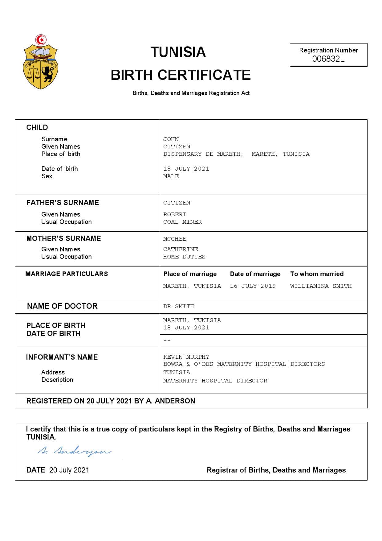 Tunisia-birth-certificate.jpg Tunisia vital record birth certificate Word and PDF template
