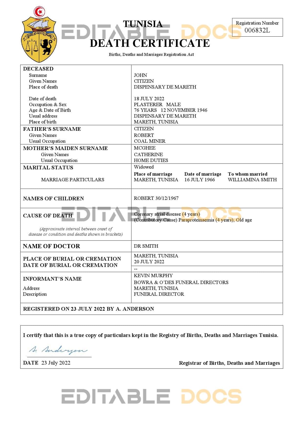 Tunisia vital record death certificate Word and PDF template