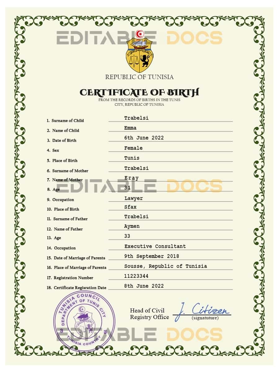 Tunisia vital record birth certificate PSD template Authentic Tunisia Birth Certificate Template | Customize and Download Online