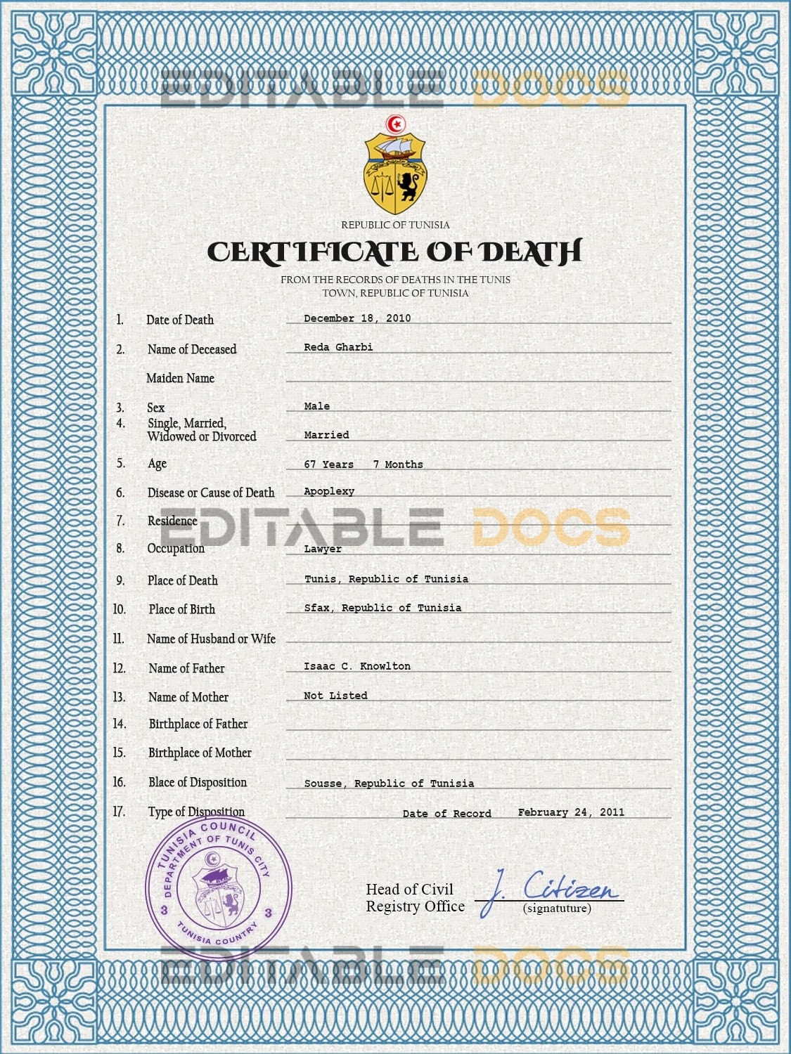Tunisia vital record death certificate PSD template