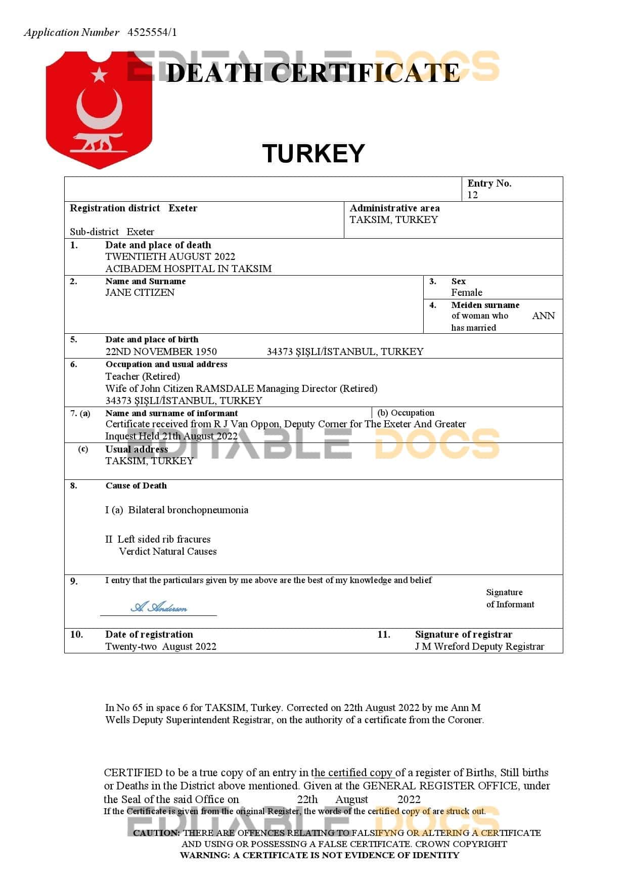 Turkey vital record death certificate Word and PDF template