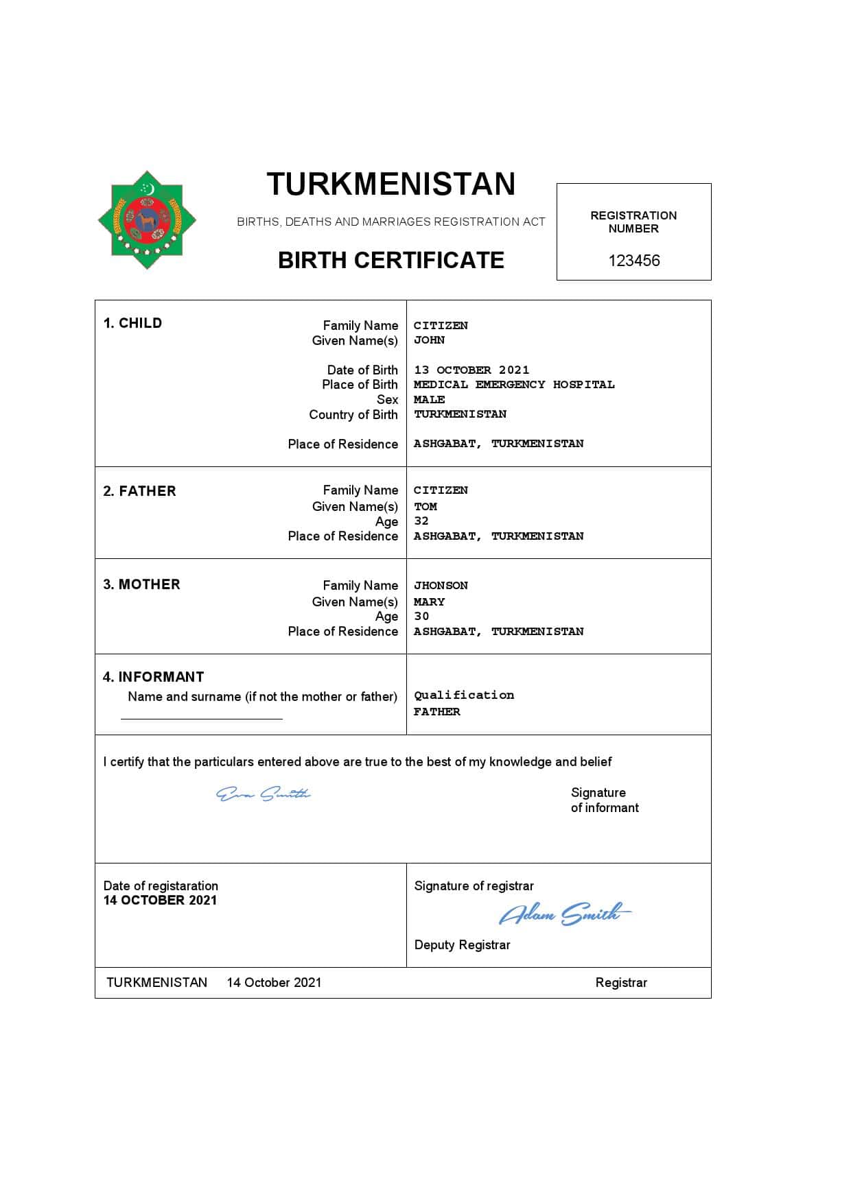 Turkmenistan vital record birth certificate Word and PDF template